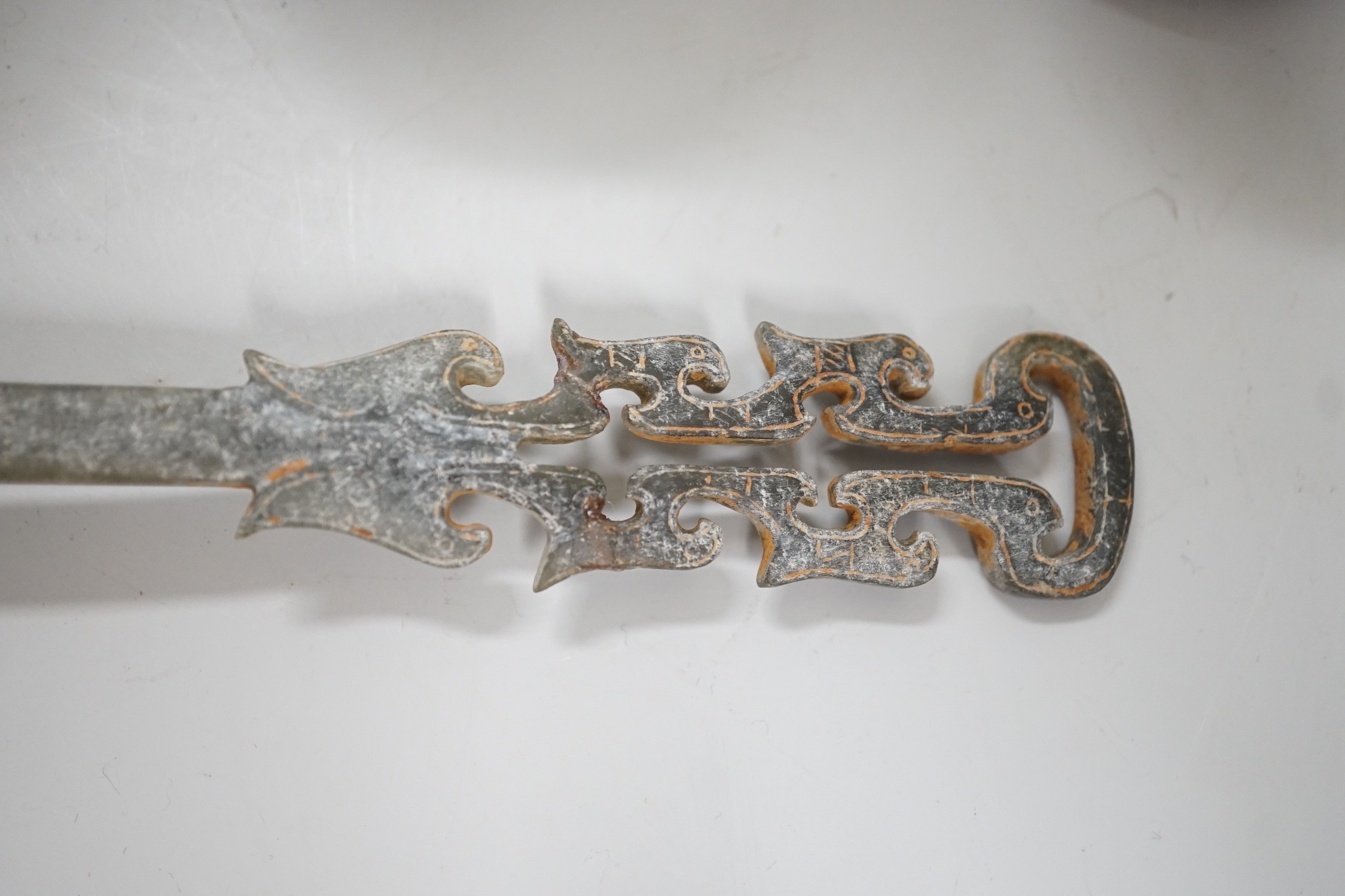 A selection of five Chinese archaistic hardstone carvings. Tallest 8cm including stand